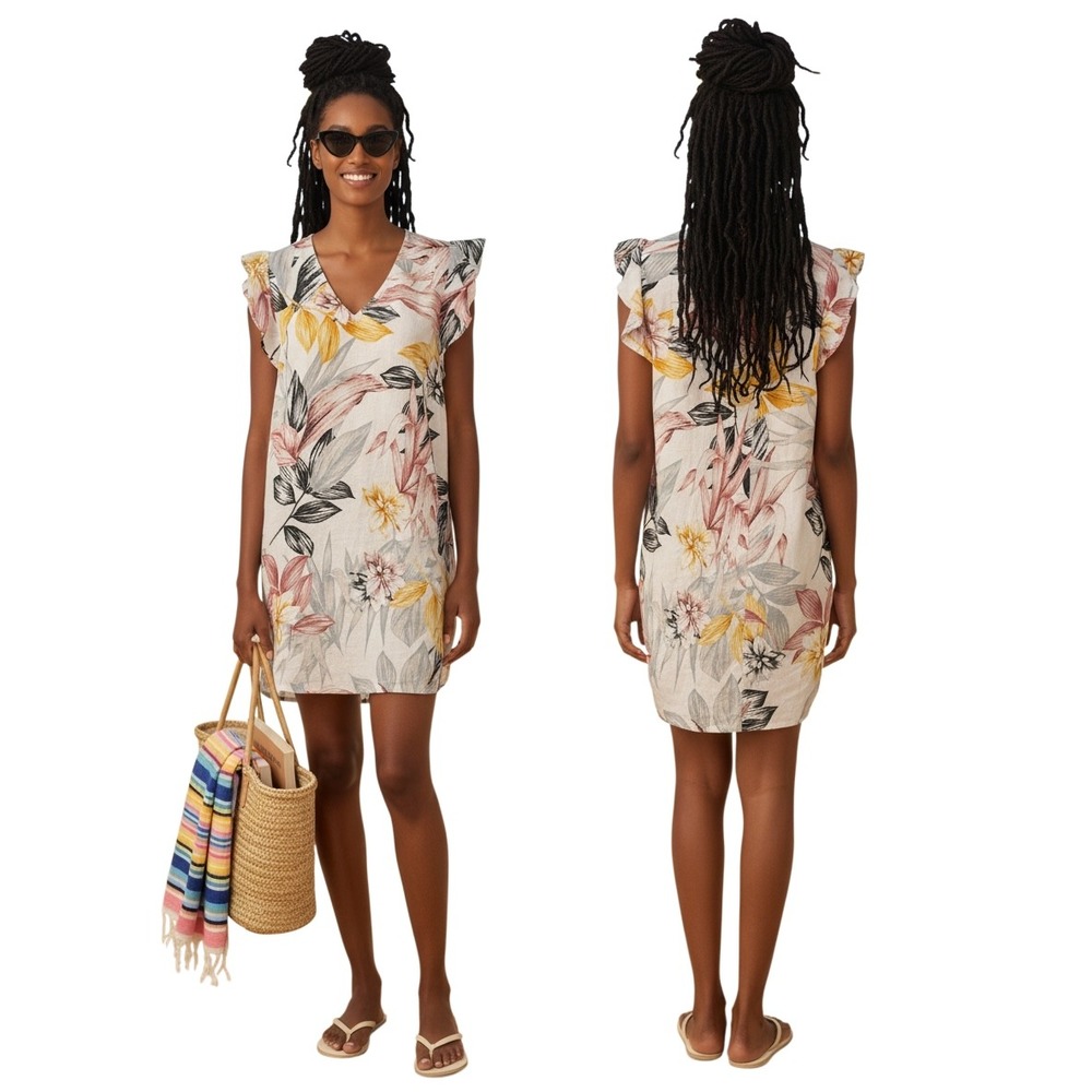 C&C California XL 100% Linen Tropical Floral V-Neck Flutter Sleeve Shift Dress